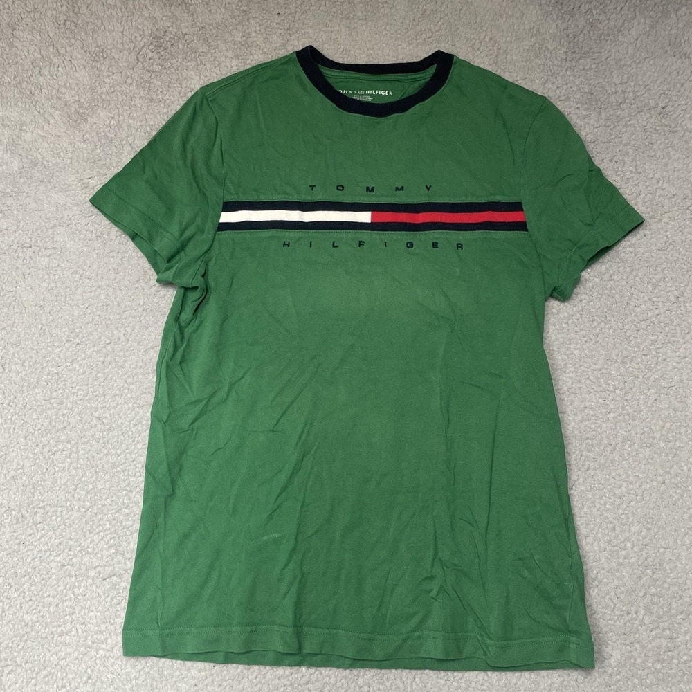 Tommy Hilfiger T-Shirt Men XS Green Logo Stripe Flag Crew Neck Short Sleeve